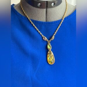 Vintage Monet Gold Tone Necklace tear drop and earrings - Lucite Abalone.